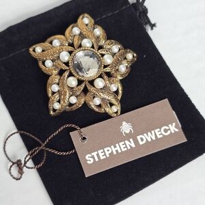 Stephen Dweck Bronze Toned Brooch Faux Pearls Crystal Gothic Victorian Revival